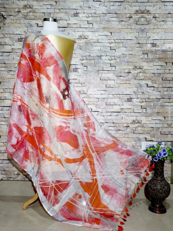 Artistic Orange Pink Designer Digital Print Linen Dupatta_