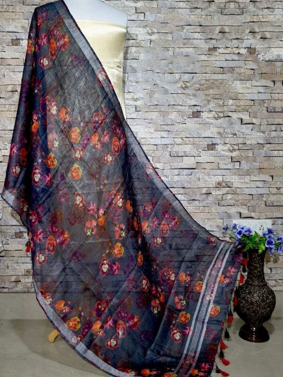 Beautiful Black Floral Design Digital Linen Dupatta_