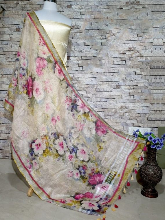 Beautiful Light Mustard Yellow Base Floral Print Digital Linen Dupatta_