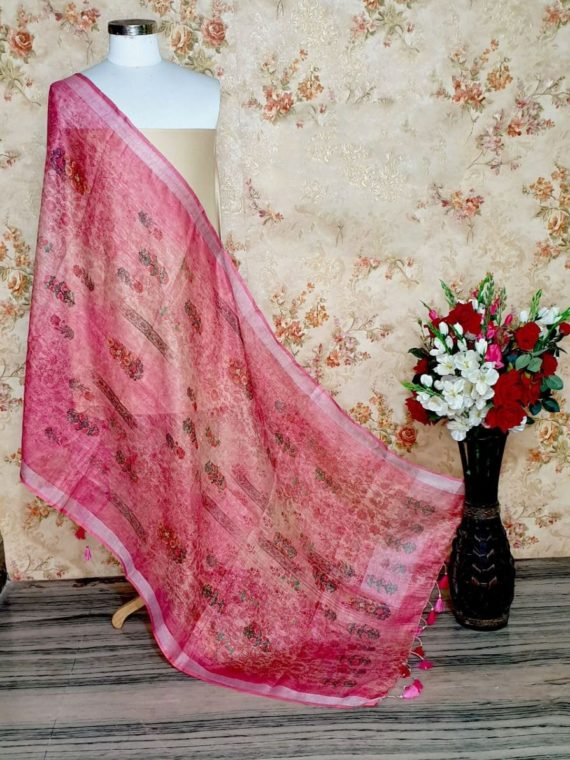 Beautiful Pink Designer Digital Linen Dupatta