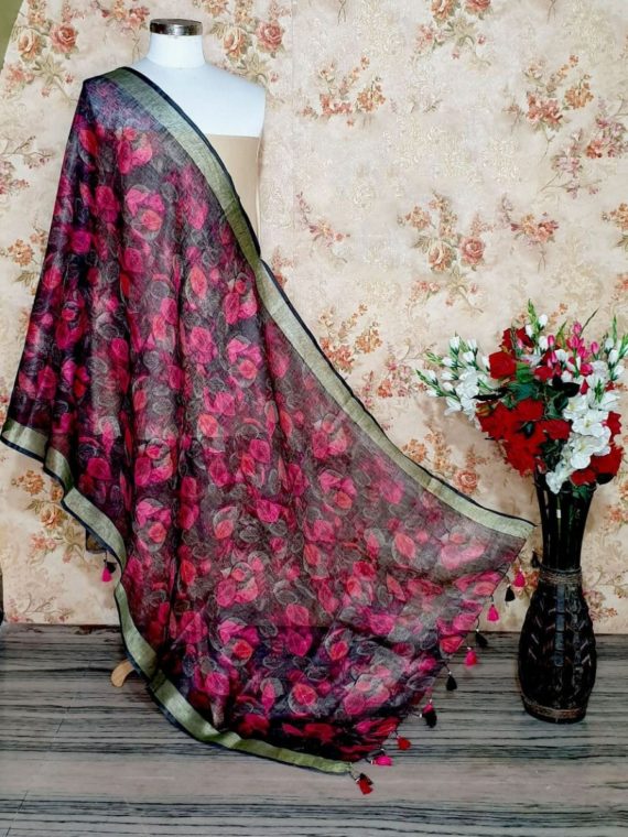 Black With Dark Pink Floral Design Dupatta_