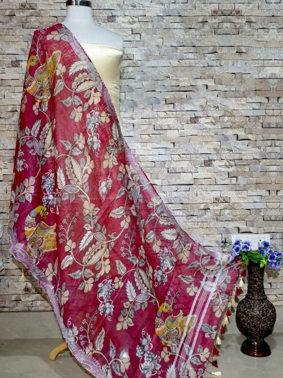 Burgundy Base with Stunning Designer Digital Print Linen Dupatta_