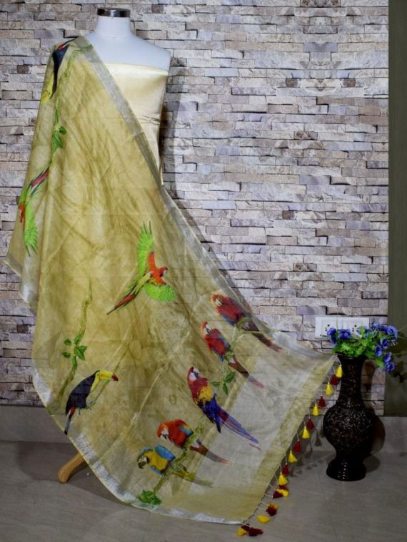 Captivating Yellow Base Parrot Design Digital Print Linen Dupatta_