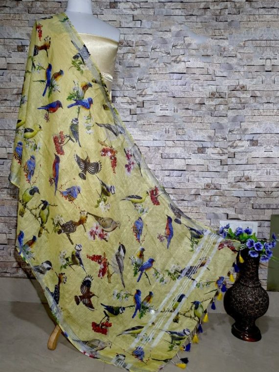 Captivating Yellow Base With Bird Print Digital Linen Dupatta_