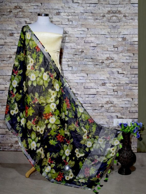 Charming Black Floral Digital Print Linen Dupatta_