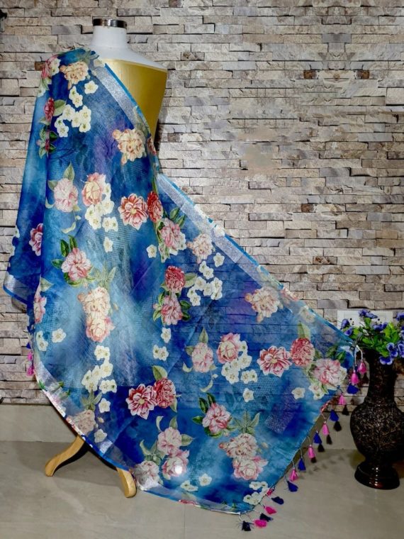 Charming Blue Floral Print Digital Linen Dupatta_