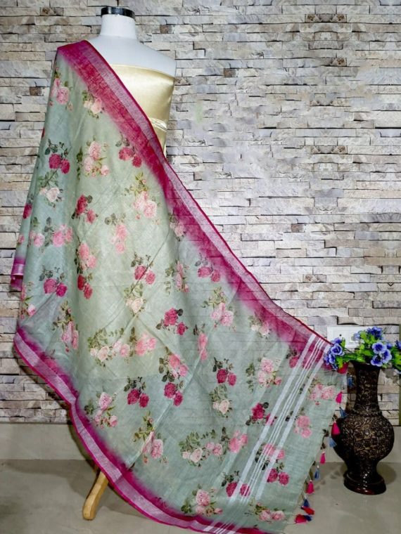 Charming Light Green Floral Digital Linen Dupatta_