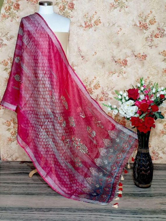 Dark Pink Designer Digital Linen Dupatta