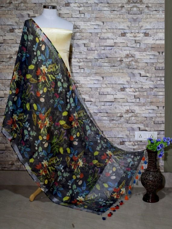 Dazzling Designer Black Floral Print Digital Linen Dupatta_