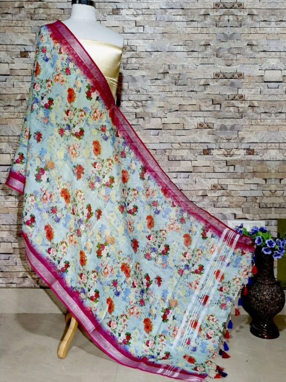 Divine Blue And Dark Pink Floral Print Digital Linen Dupatta_