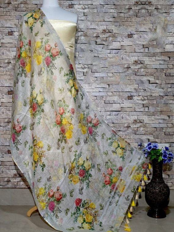 Divine White Floral Print Digital Linen Dupatta_