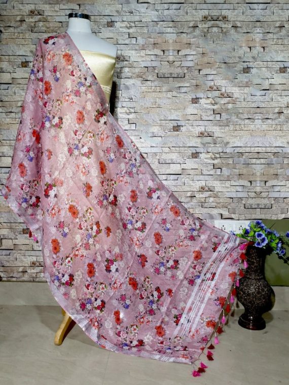 Elegantly Designed Pink Floral Print Digital Linen Dupatta_