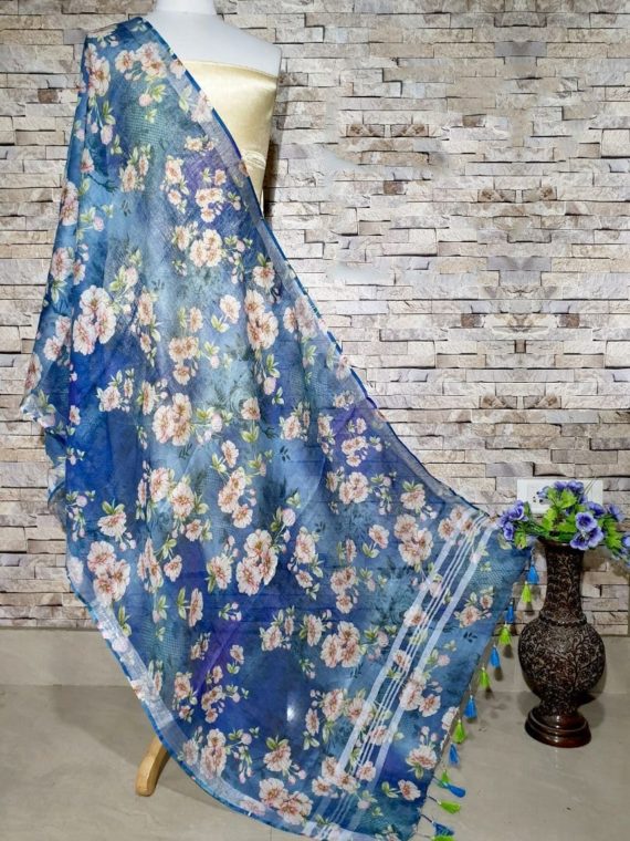 Enticing Dark Blue Floral Print Digital Linen Dupatta_