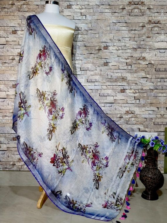 Enticing White Base Blue Border Digital Linen Dupatta_