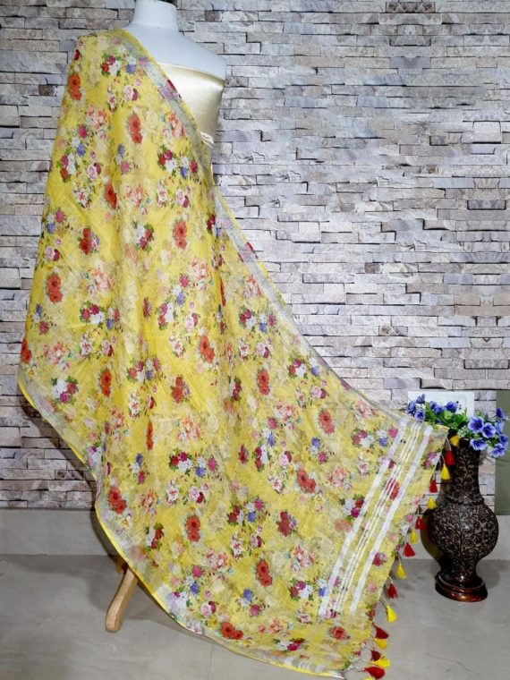 Enticing Yellow Floral Print Digital Linen Dupatta_