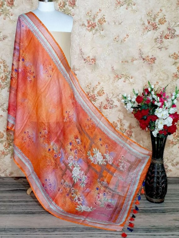 Gorgeous Orange Base Floral Design Digital Linen Dupatta_