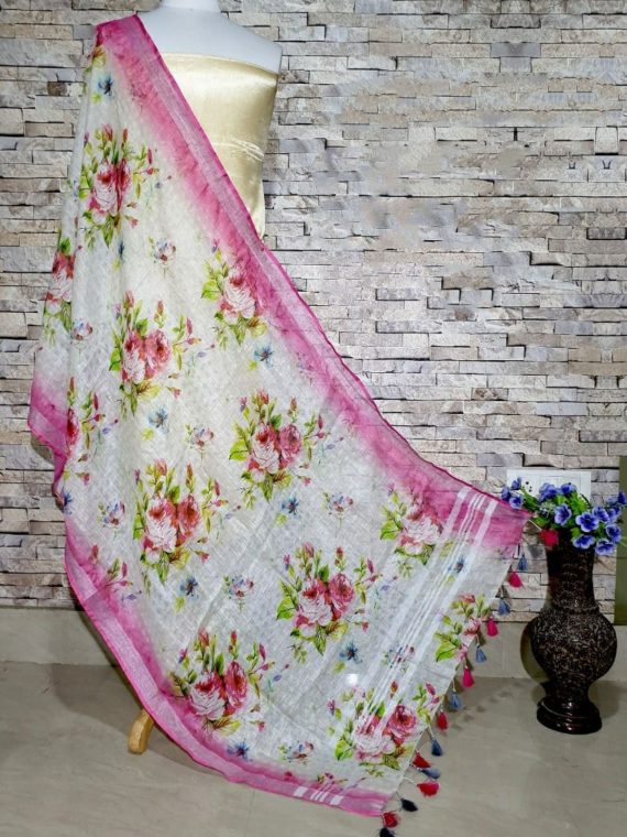 Gorgeous Pink and white Base Digital Linen Dupatta