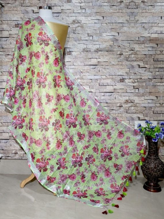 Gorgeous Pistachio Green Base Floral Print Digital Print Linen Dupatta_