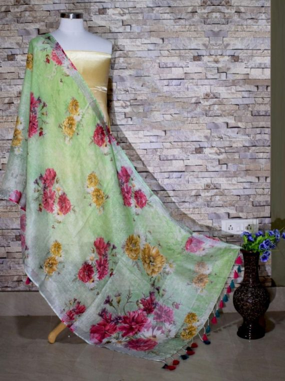 Graceful Gradient Green Floral Print Digital Linen Dupatta_