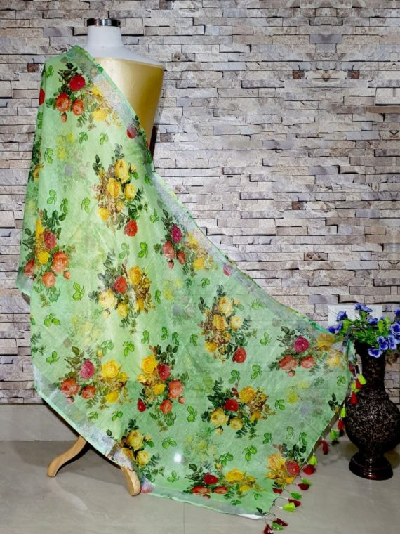 Light Green Floral Digital Linen Dupatta