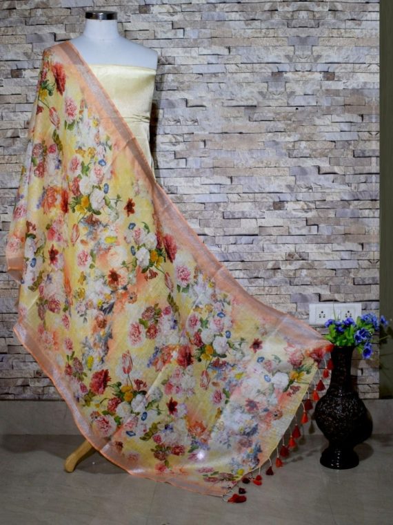 Light Peach Yellow Floral Design Digital Linen Dupatta