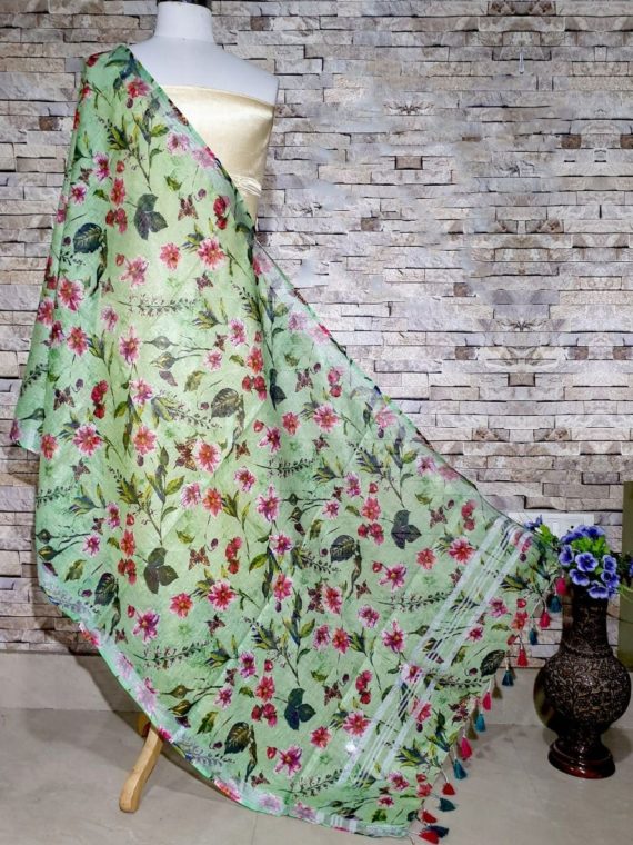 Lovely Green Floral Print Digital Linen Dupatta_