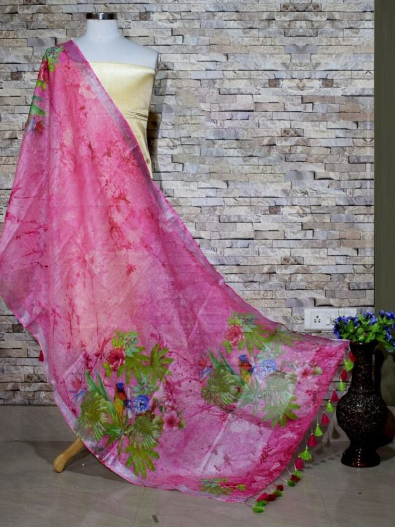 Lovely Pink with Leafy Floral Print Digital Linen Dupatta_