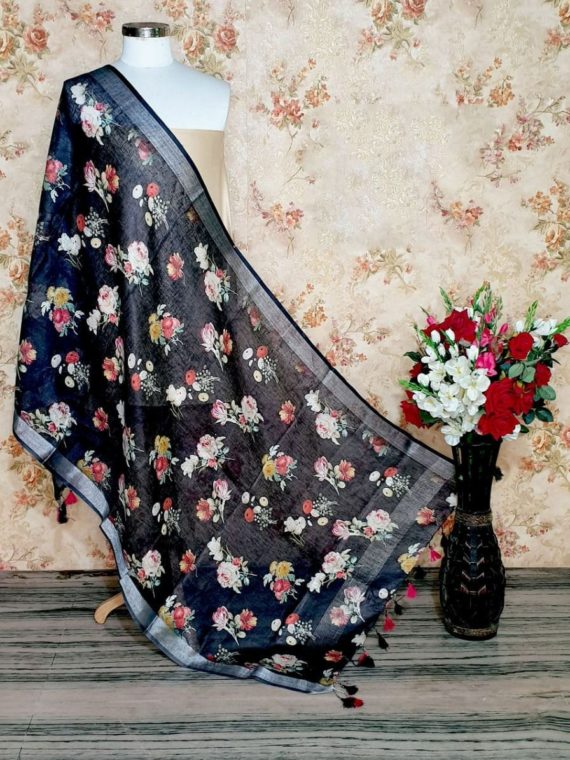 Mesmerizing Black Floral Design Digital Linen Dupatta_
