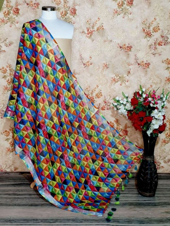 Multi color Geometric Pattern Digital Linen Dupatta