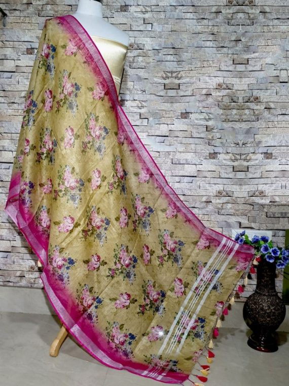 Mustard Yellow And Dark Pink Floral Print Digital Linen Dupatta_