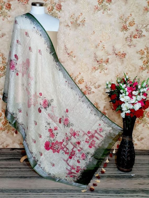 Off white Floral Digital Linen Dupatta