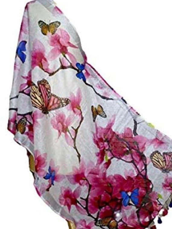 Pleasing White Base Floral Butterfly Design Digital Linen Dupatta