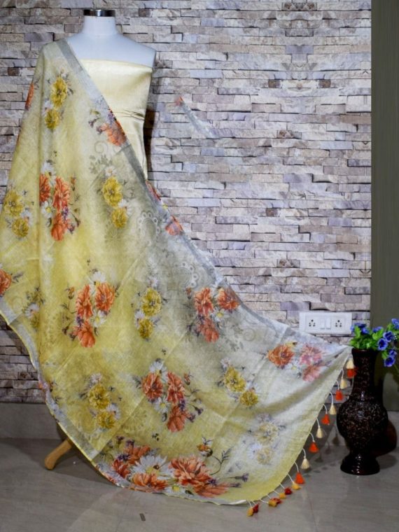 Pleasing Yellow Floral Print Digital Linen Dupatta_