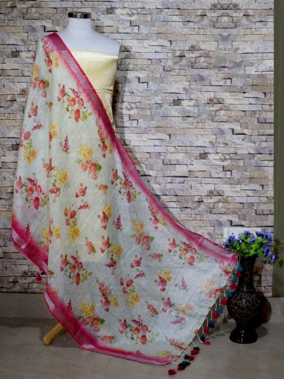 Pleasingly Beautiful White Dark Pink Digital Linen Dupatta_