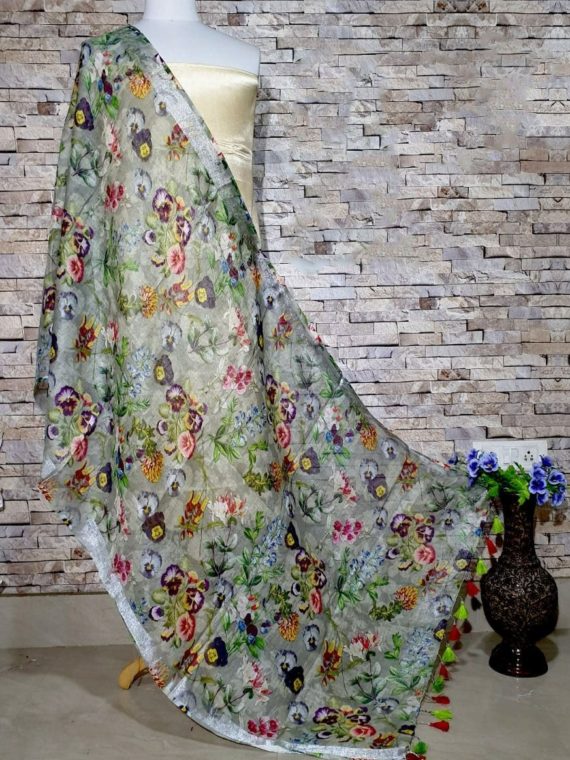 Pleasingly Green Pink Floral Print Digital Linen Dupatta_