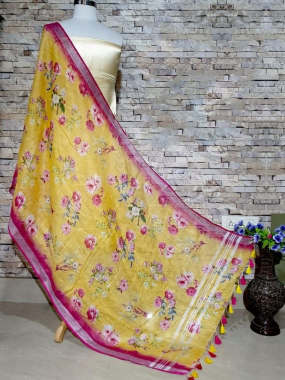 Pleasingly Mango Yellow Pink Floral Print Digital Linen Dupatta_