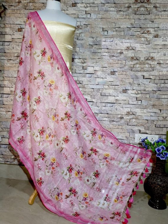 Pleasingly Pink Floral Digital Print Linen Dupatta