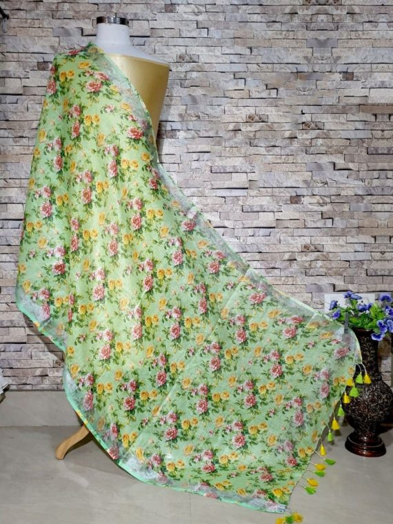 Pretty Green Floral Design Digital Linen Dupatta_