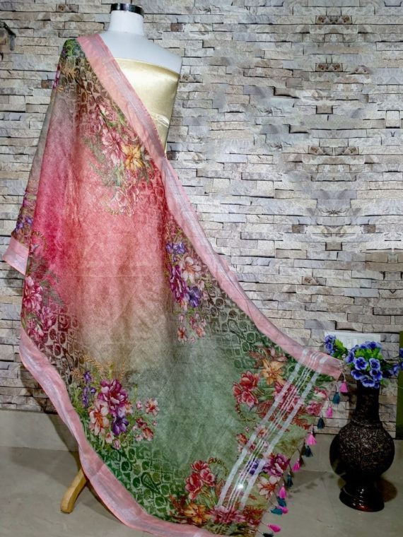 Pretty Peach Base With Green Pink Floral Digital Print Linen Dupatta_