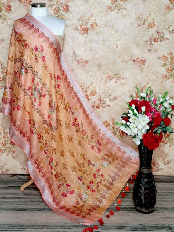 Pretty Peach Floral Design Digital Linen Dupatta