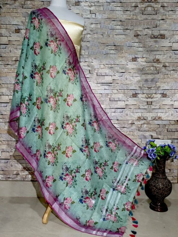 Pretty Sea green Base Floral Design Digital Dupatta_