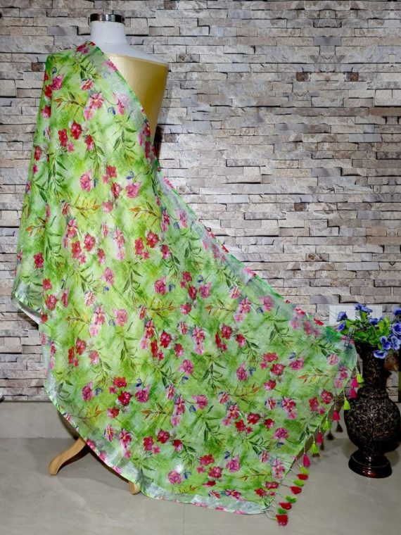 Ravishing Green Floral Print Digital Linen Dupatta_