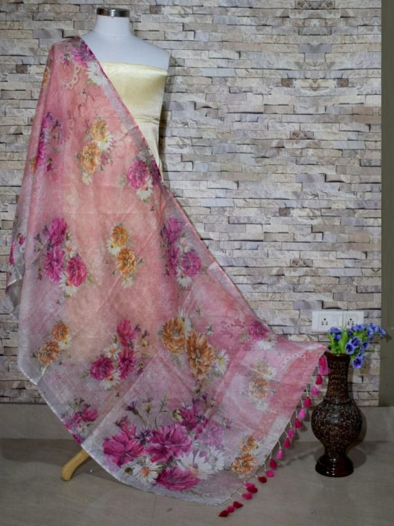 Ravishing Pink Base Floral Print Digital Linen Dupatta_