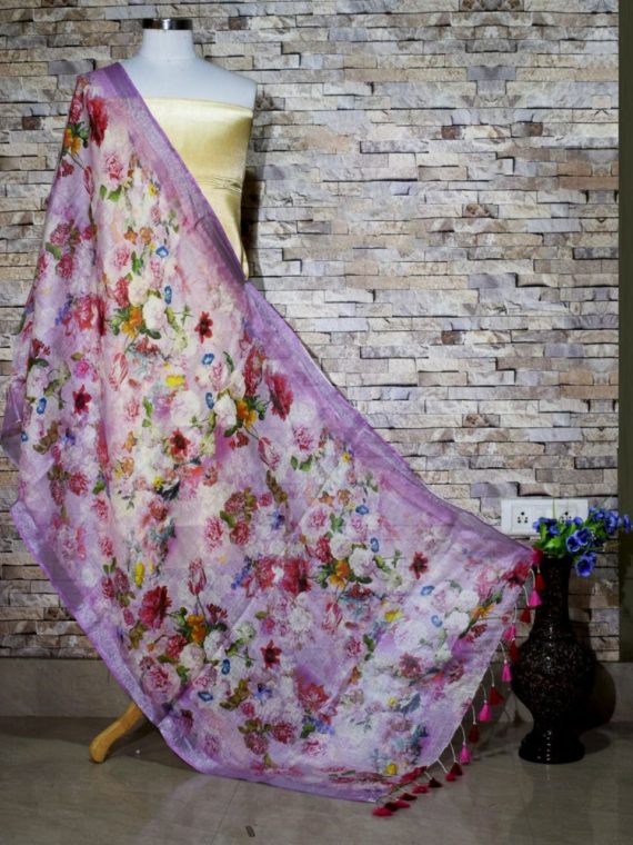 Ravishing Purple Floral Print Digital Linen Dupatta_