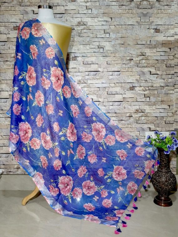 Royal Blue Base Gorgeous Floral Digital Print Linen Dupatta_