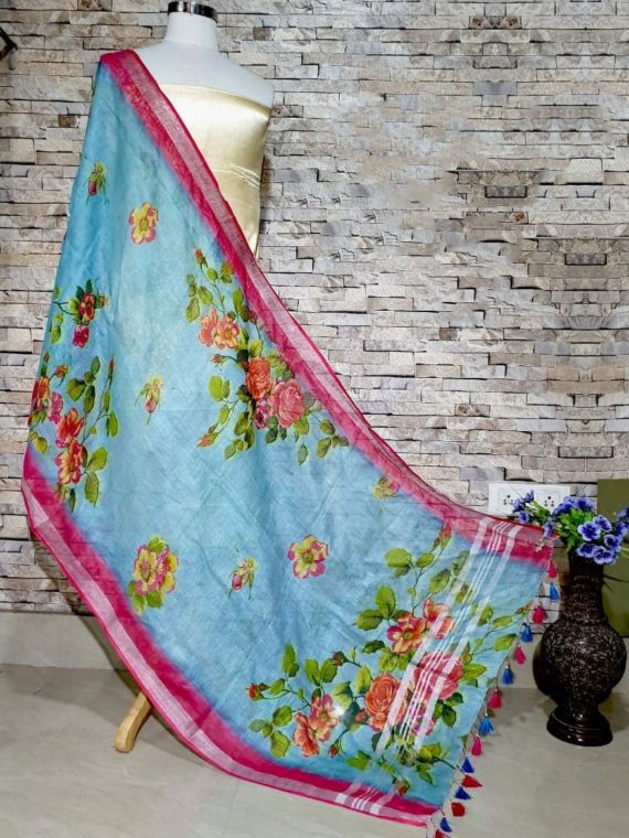 Sky Blue With Dark Pink Floral Design Digital Linen Dupatta_