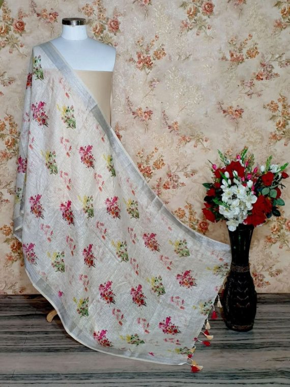 Snow White Floral Design Digital Linen Dupatta_