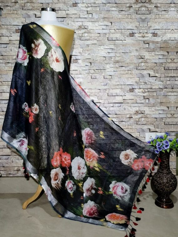 Strikingly Beautiful Black Digital Linen Dupatta