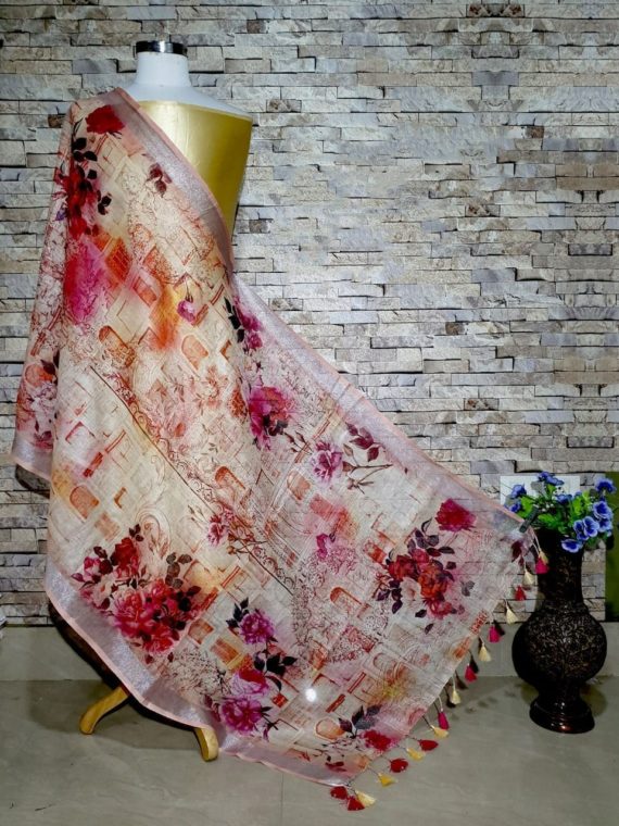 Stunning Peach Floral Design Digital Linen Dupatta_