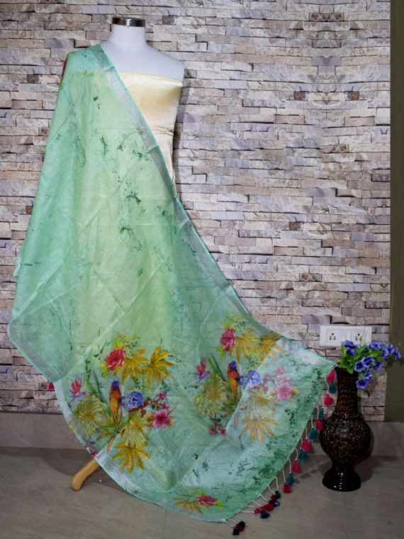 Stunning Sea Green Floral Design Print Digital Linen Dupatta_